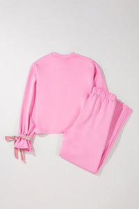 Online Bonbon Solid Color Drawstring Long Sleeve Top and Pants Set