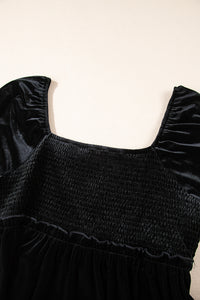 Online Black Velvet Flounce Sleeve Shirred Bodice Plus Babydoll Dress