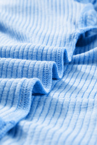 Online Light Blue Plus Size Ribbed Long Sleeve Top and Drawstring Shorts Set