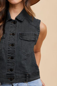 Online Annie Wear Collared Neck Button Down Denim Vest