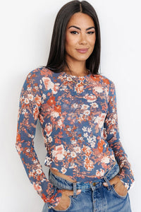 Online Black Floral Print Mesh Fitted Long Sleeve Top