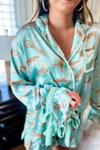 Online Green Leopard Satin Ruffle Pajama Short Set
