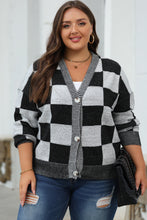 Load image into Gallery viewer, Online Black Checkered Drop Shoulder Buttoned V Neck Cardigan
