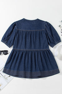 Online Sail Blue Puff Sleeve Lace-up Neckline Splicing Denim Blouse