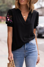 Load image into Gallery viewer, Size Small Black Floral Embroidered Sleeve Notch Neck Top
