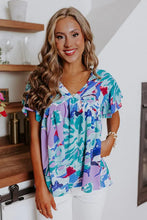 Load image into Gallery viewer, Sky Blue Abstract Print V Neck Flutter Sleeve Blouse
