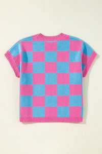 Online Sachet Pink Colorblock Plaid Pattern Ribbed Trim Sweater Tank Top