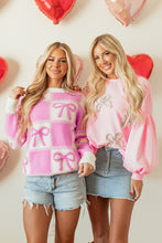 Load image into Gallery viewer, Online Pink Bow Knot Two Tone Checkered Crew Neck Sweater
