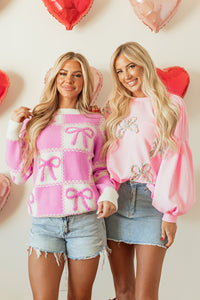 Online Pink Bow Knot Two Tone Checkered Crew Neck Sweater