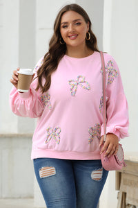 Online Light Pink Embroidered Bow Lantern Sleeve Oversized Pullover Sweatshirt