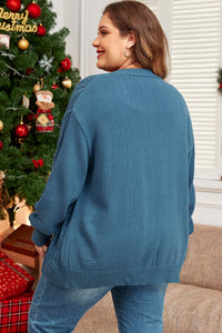 Online Real Teal Open Knit V Neck Button Front Drop Shoulder Plus Size Cardigan