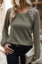 Load image into Gallery viewer, Moss Green Leopard Print Crochet Patchwork Rib Textured Knit Top
