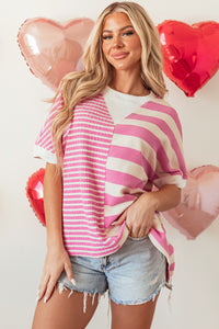 Online Pink Stripe Patchwork Textured Short Sleeve High Low Loose Top