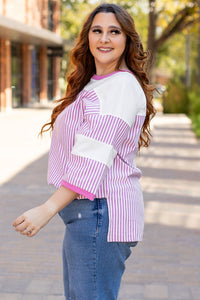 Online White Stripe Patchwork Bracelet Sleeve Plus Size T Shirt
