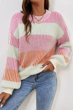 Load image into Gallery viewer, Pink Colorblock Textured Knit Bubble Sleeve Sweater
