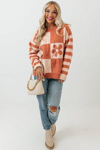 Online Orchid Petal Checkered Floral Print Striped Sleeve Sweater