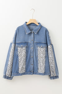 Online Beau Blue Leopard Patchwork Flap Detail Plus Size Denim Jacket