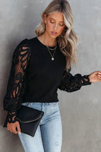 Load image into Gallery viewer, Black Crochet Sleeve Crew Neck Blouse
