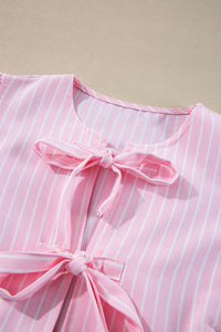 Online Pink Stripe Bowknot Front Crew Neck Puff Sleeve Blouse