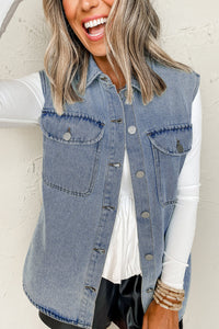 Online Beau Blue Denim Flap Pocket Curved Hem Shirt Vest