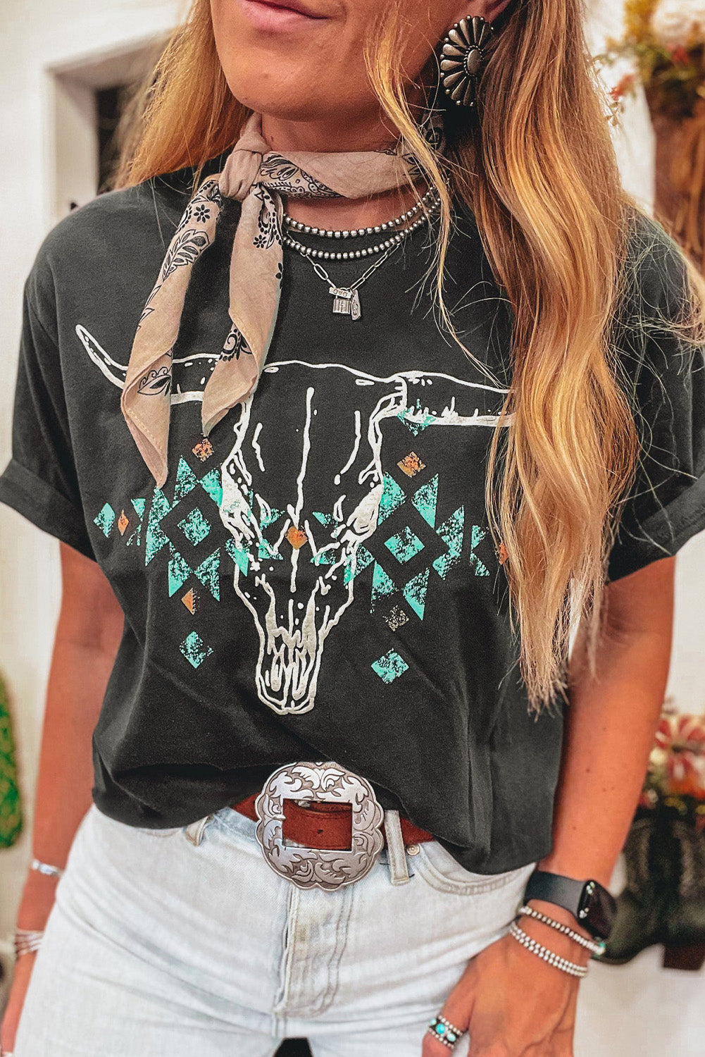 Online Carbon Grey Vintage Western Bull Head Skull Turquoise Aztec Graphic T Shirt