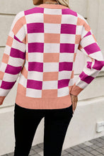 Load image into Gallery viewer, Online Pink Checkered Ribbed Edge O Neck Drop Shoulder Sweater
