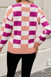 Online Pink Checkered Ribbed Edge O Neck Drop Shoulder Sweater