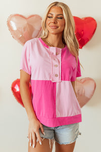 Online Pink Two Tone Half Buttons Collared T Shirt