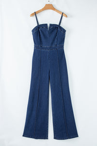 Online Sail Blue Seamed Zipper Spaghetti Strap High Waist Flared Jumpsuit