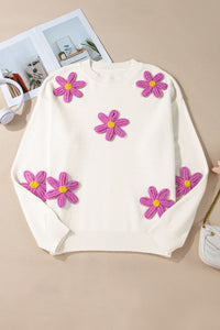 Online White Plus Size Flower Crochet Drop Shoulder Knit Sweater