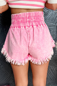 Online Pink Washed Wide Smocked Waistband Frayed Denim Shorts