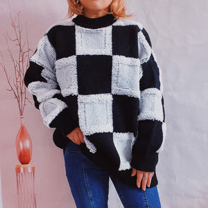 Online Checkered Round Neck Long Sleeve Sweater