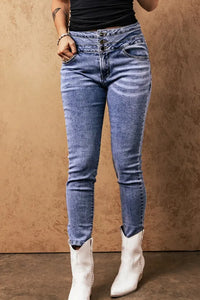 Light Blue Washed High Waist Buttons Skinny Jeans