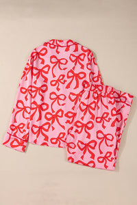 Online Pink 2pcs Bow Print Shirt Style Long Sleeve Pajama Set