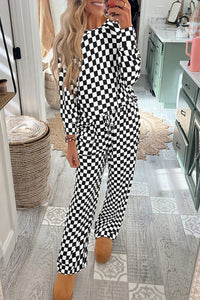 Online Black Checkered Print Long Sleeve Top and Pants Lounge Set