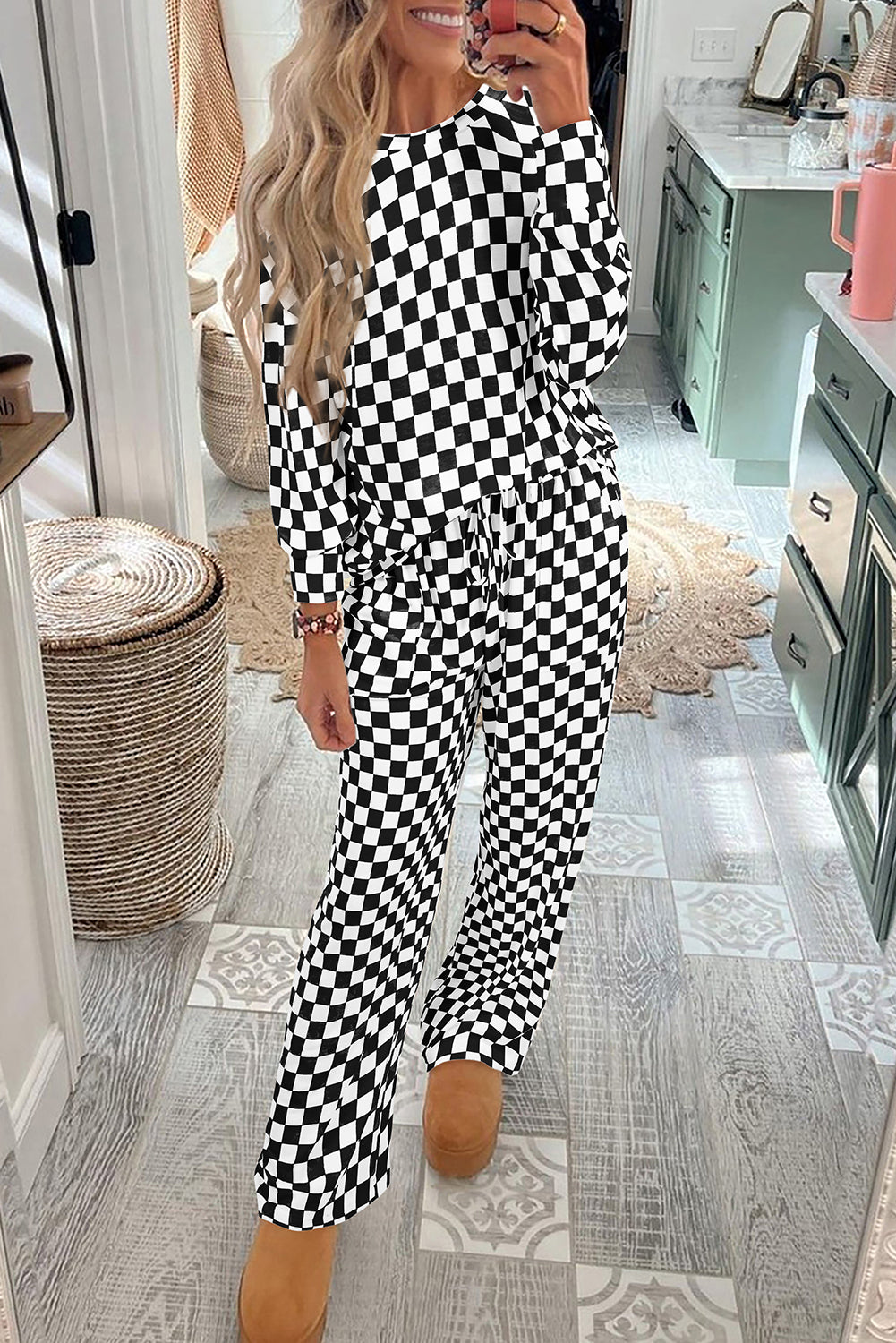 Online Black Checkered Print Long Sleeve Top and Pants Lounge Set