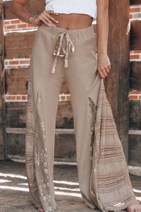 Online Smoke Gray Boho Lace Patchwork Wide Leg High Waist Pants