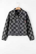 Load image into Gallery viewer, Online Black Checkered Patchwork Button up Denim Jacket
