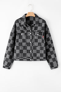 Online Black Checkered Patchwork Button up Denim Jacket