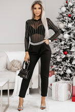 Load image into Gallery viewer, Online Black Rhinestone Decor Striped Mesh Long Sleeve Bodysuit
