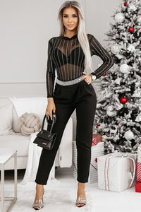 Online Black Rhinestone Decor Striped Mesh Long Sleeve Bodysuit