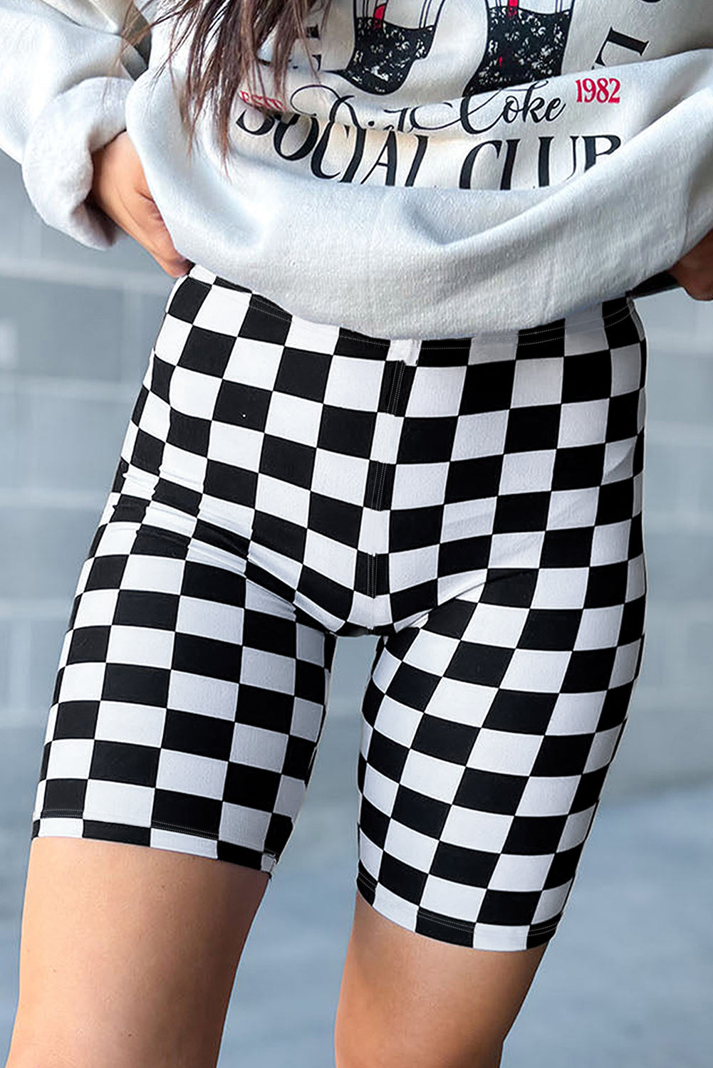 Online Black Checkerboard Printed High Waist Biker Shorts