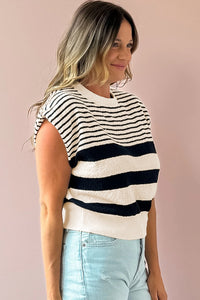 Online Black white Striped O Neck Sweater Vest