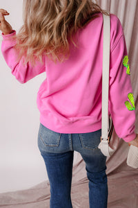 Online Bonbon Sequined Cactus Pattern Crewneck Pullover Sweatshirt