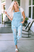 Load image into Gallery viewer, Sky Blue Constructed Bib Pocket Distressed Denim Overalls
