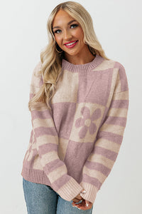 Online Orchid Petal Checkered Floral Print Striped Sleeve Sweater