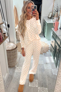 Online Beige Checkered Print Long Sleeve Top and Pants Lounge Set