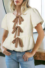 Load image into Gallery viewer, Online White Textured Bow Ties Front Bubble Hem Puff Short Sleeve Blouse
