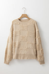 Online Parchment Checkered Sherpa Crew Neck Loose Sweater