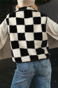 Online Black Checkered Sherpa Collared Jacket Vest